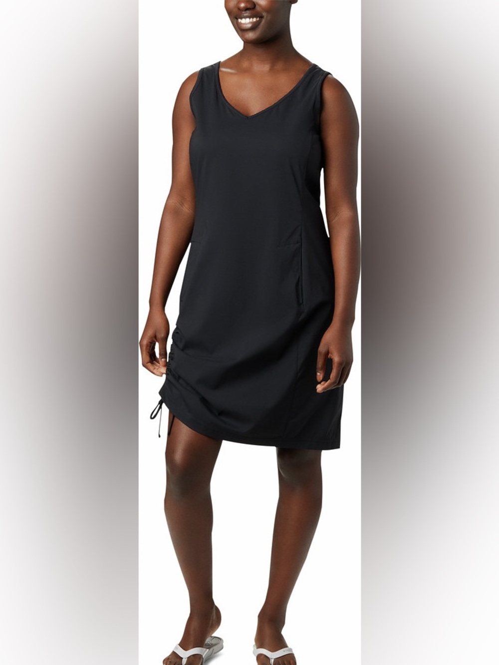 Columbia Black Sleeveless V-Neck Active Dress with Side Ruched Drawstring
